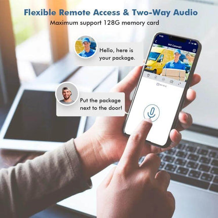 QX59 Wireless Home Security Camera for Easy Monitoring showing mobile app two-way audio and live feed of delivery