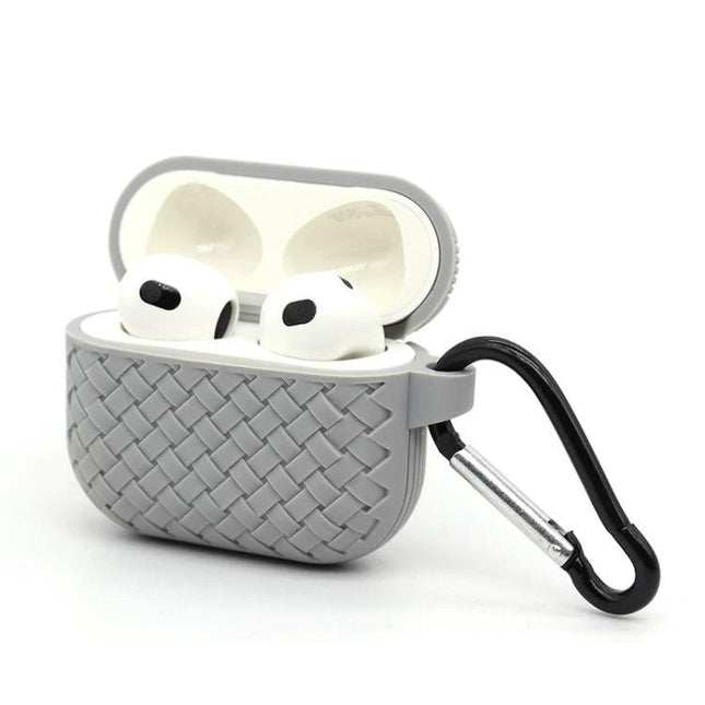 Protective Case for Safeguarding AirPods in Daily Life — woven gray silicone cover with carabiner and charging access