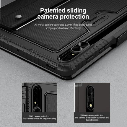 Nillkin Bumper Combo Keyboard Case for Samsung Galaxy Tab S8 showing patented sliding camera protection and raised bezel for camera safety