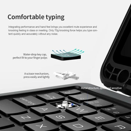 Nillkin Bumper Combo Keyboard Case for Samsung Galaxy Tab S8 showing close-up of comfortable typing scissor keys and water-drop keycaps