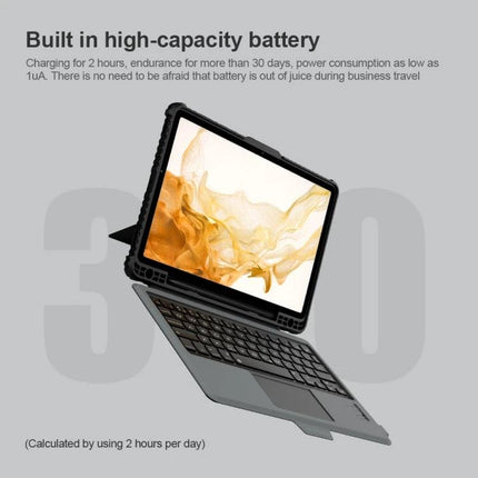 Nillkin Bumper Combo Keyboard Case for Samsung Galaxy Tab S8 shown with detachable keyboard and adjustable stand highlighting built-in high-capacity battery