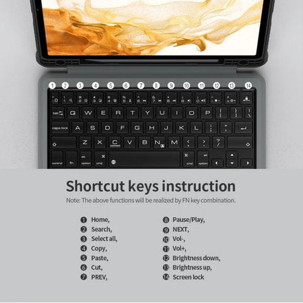 Nillkin Bumper Combo Keyboard Case for Samsung Galaxy Tab S8 showing detachable keyboard, shortcut keys diagram and adjustable tablet stand for typing and viewing