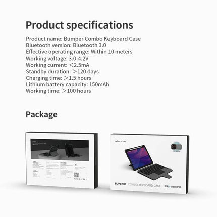 Nillkin Bumper Combo Keyboard Case for Samsung Galaxy Tab S8 shown with product specifications and packaging