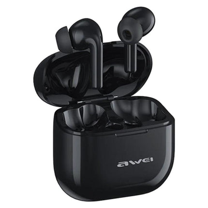 Awei True Wireless Earbuds With Secure Fit For Running And Calls compact black earbuds with charging case, IPX6, Bluetooth 5.3