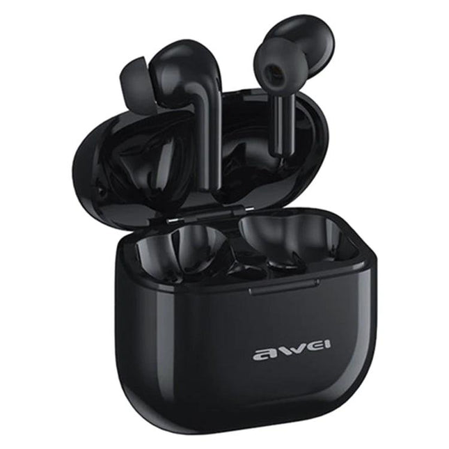 Awei True Wireless Earbuds With Secure Fit For Running And Calls compact black earbuds with charging case, IPX6, Bluetooth 5.3