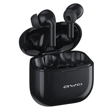 Awei True Wireless Earbuds With Secure Fit For Running And Calls compact black T1 Pro earbuds in open charging case, IPX6 sweat-resistant