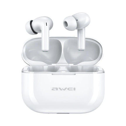 Awei True Wireless Earbuds With Secure Fit For Running And Calls white earbuds in open charging case, IPX6, Bluetooth 5.3