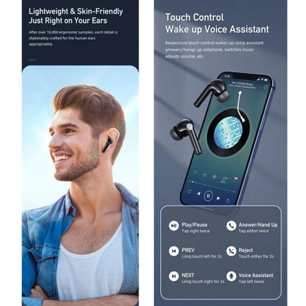 Awei True Wireless Earbuds With Secure Fit For Running And Calls showing earbuds in ear, phone music UI, IPX6 sweatproof
