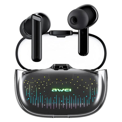Awei True Wireless Earbuds With Starry Case For Commuting shown in black with patterned starry charging case and LED breathing lights
