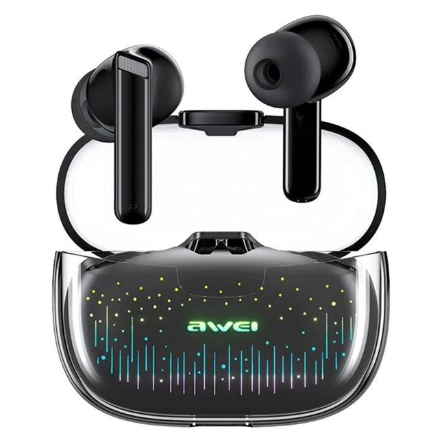 Awei True Wireless Earbuds With Starry Case For Commuting shown in black with patterned starry charging case and LED breathing lights