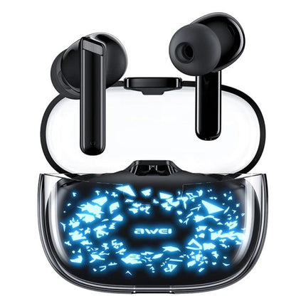 Awei True Wireless Earbuds With Starry Case For Commuting compact black earbuds with glowing starry charging case