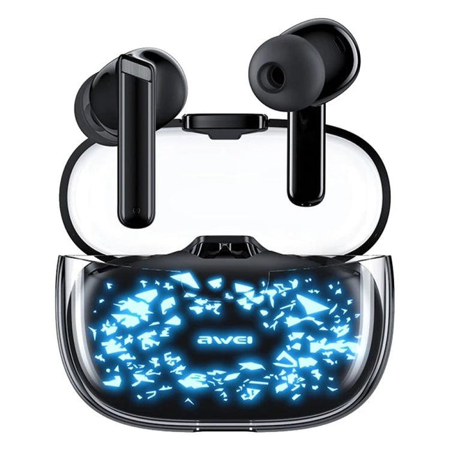 Awei True Wireless Earbuds With Starry Case For Commuting compact black earbuds with glowing starry charging case