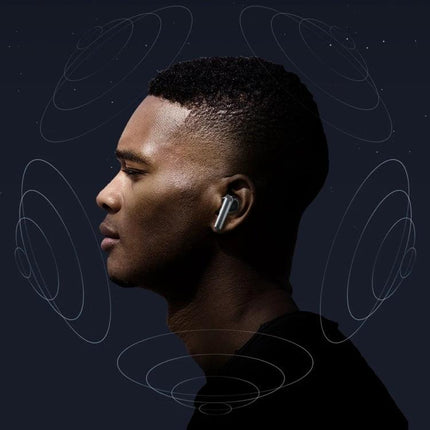 Awei True Wireless Earbuds With Starry Case For Commuting shown in profile on a man with earbuds and signal graphics