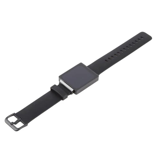 Essential Smart Watch for Daily Health and Activity Tracking showing black rectangular-faced smartwatch with black silicone strap on white background