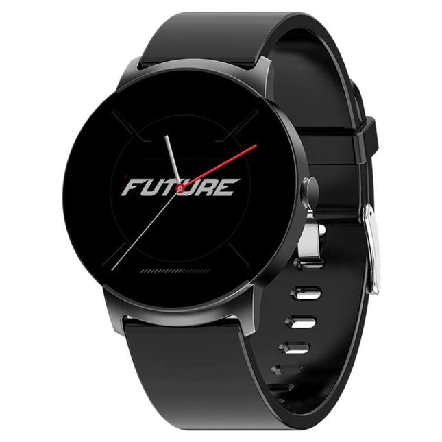 Smart Watch for Daily Health Tracking and Monitoring — black round smartwatch with 1.32-inch HD color screen showing FUTURE face, heart-rate and step tracking