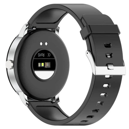 Smart Watch for Daily Health Tracking and Monitoring showing back sensors, heart rate monitor and black silicone band