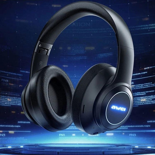 Awei Wireless Headphones With Comfortable Fit For Commuting black Bluetooth headphones with cushioned earcups and foldable design