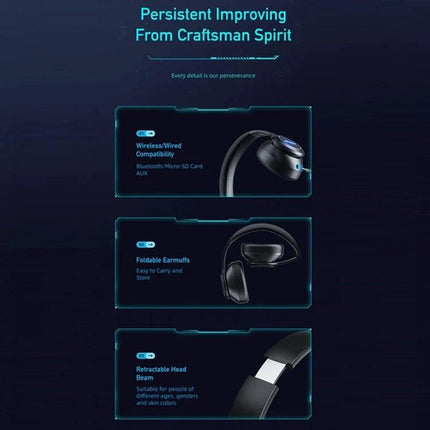 Awei Wireless Headphones With Comfortable Fit For Commuting showing features Bluetooth 5.0 FM micro‑SD foldable retractable headband