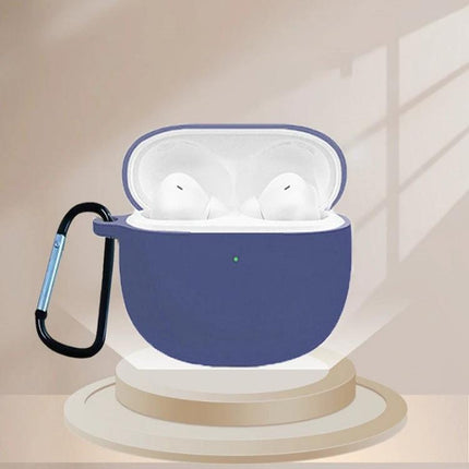 Silicone Case for Earphones in Daily Travel Protection - navy silicone protective case with carabiner shown holding earphones