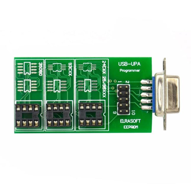 Compact Adapter for Everyday Car Maintenance Tasks - green PCB adapter for DC 12V vehicle meter checks with EEPROM sockets and DB9 connector