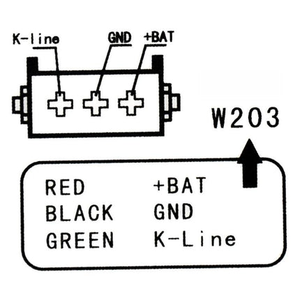 Mercedes-Benz Alarm System for Routine Vehicle Upkeep wiring diagram showing RED +BAT, BLACK GND, GREEN K-Line for W203 ESL emulator