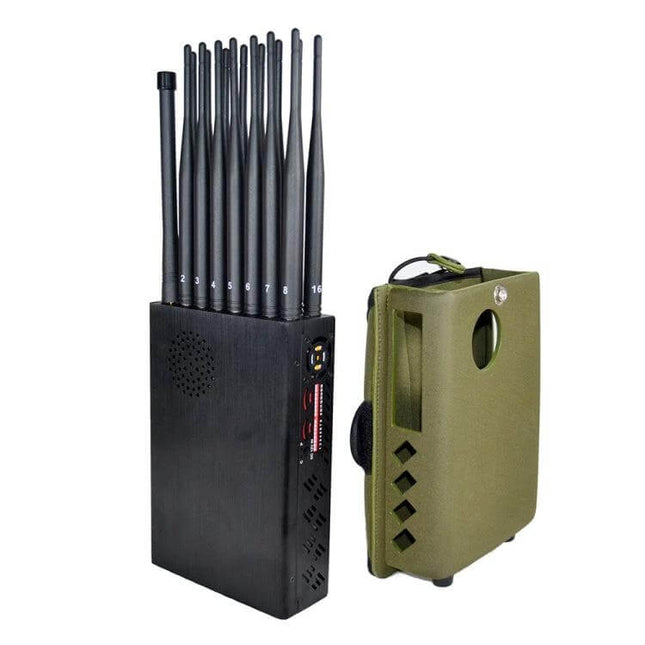Versatile Portable Mobile Signal Jammer for Everyday Use black 16‑antenna handheld jammer with green carry case
