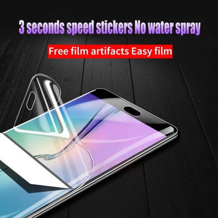 Hydrogel Screen Protector For Phones Full Coverage Pack Of 25 showing flexible film being applied to curved phone screen, edge-to-edge coverage
