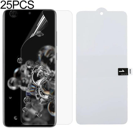 Hydrogel Screen Protector For Phones Full Coverage Pack Of 25 showing clear flexible full-coverage protector on a curved phone display, pack of 25