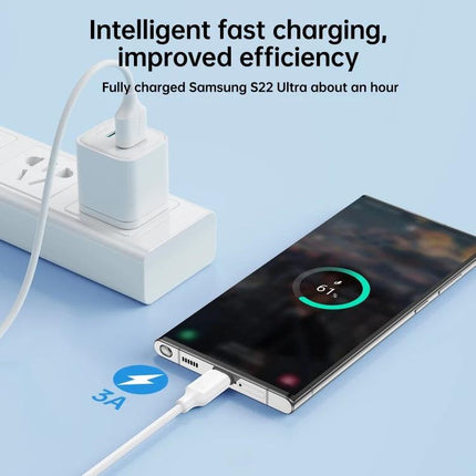 Joyroom USB-C Cable for Everyday Device Charging at Home connected to phone showing fast 3A charging and data transfer