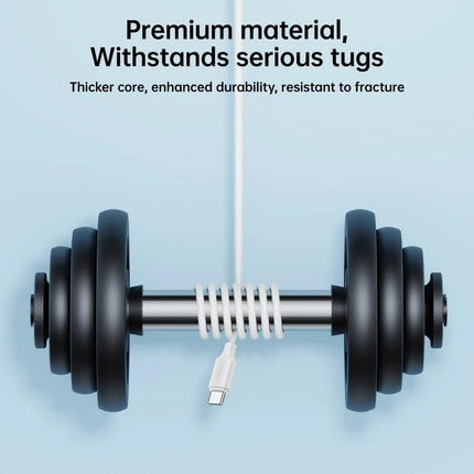 Joyroom USB-C Cable for Everyday Device Charging at Home showing reinforced cable wrapped around a dumbbell illustrating premium durability and 3A fast charging support