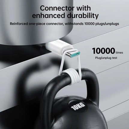 Joyroom USB-C Cable for Everyday Device Charging at Home showing reinforced connector hanging a 10kg weight to demonstrate 10000 plug/unplug durability