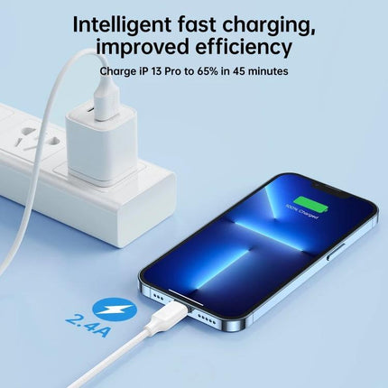 Joyroom Cable for Keeping Devices Charged in Daily Life - white fast charging cable connected to smartphone and wall adapter, 2.4A data and power transfer