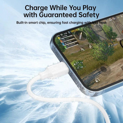 Joyroom Cable for Keeping Devices Charged in Daily Life - white charging cable connected to smartphone gaming while charging safely