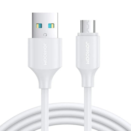 Joyroom USB to Micro USB Cable for Everyday Device Charging - white 2.4A charging and data cable, close-up of USB and micro USB connectors