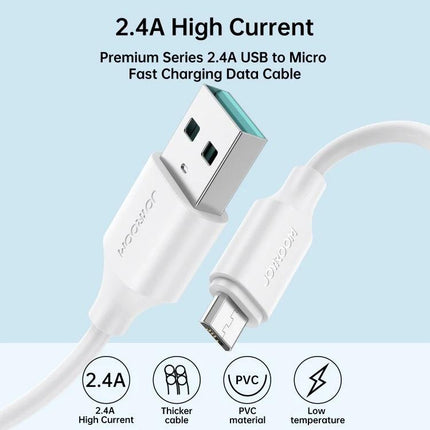 Joyroom USB to Micro USB Cable for Everyday Device Charging - white 2.4A fast charging cable with USB-A to Micro USB connectors