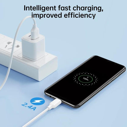 Joyroom USB to Micro USB Cable for Everyday Device Charging connected to phone showing 100% charge and 2.4A fast charging