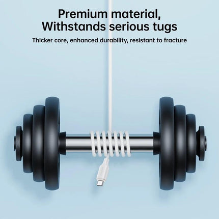 Joyroom USB to Micro USB Cable for Everyday Device Charging showing durable cable wrapped around a dumbbell to illustrate strength and 2.4A charging