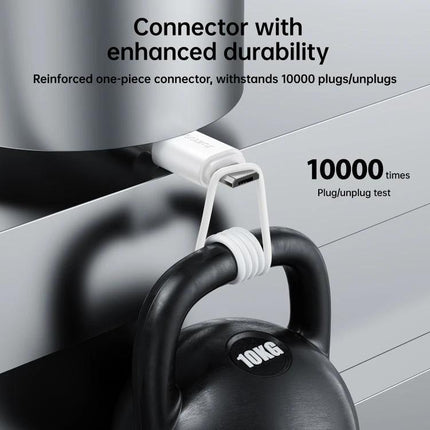 Joyroom USB to Micro USB Cable for Everyday Device Charging showing reinforced connector durability with 10,000 plug/unplug test and 2.4A charging