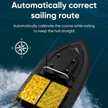 D12C Fishing Bait Boat Remote Control For Easy Bait Delivery showing dual bait bins, auto-calibration hull and streamlined ABS design