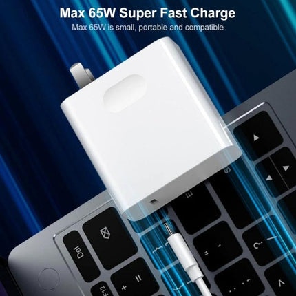 Versatile Type-C Cable for Home and Travel Charging connected to laptop with 65W fast charger, lightweight 30g cable for everyday and travel use