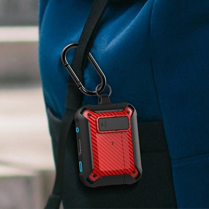 Bumblebee Carbon Fiber Case for Everyday Earphone Protection - red carbon fiber protective case with carabiner clipped to backpack