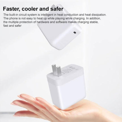 OnePlus Charger for Daily Phone Use at Home or On-the-Go white 65W Type-C wall charger shown above a hand emphasizing fast, cool, safe charging
