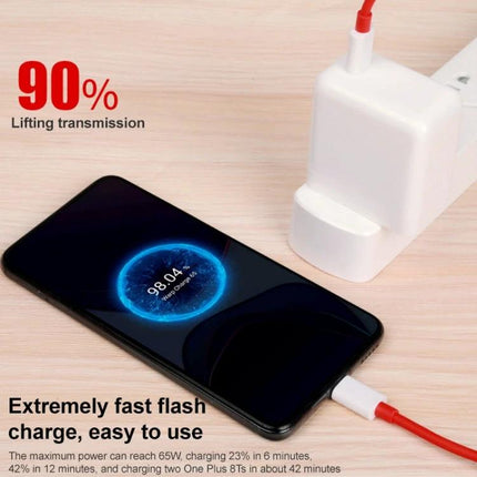 OnePlus 9 Charging Cable for Daily Mobile Essentials connected to phone showing fast charge with red cable and white adapter
