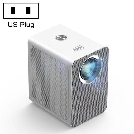 AUN ET50 Portable LED Mini Projector for Home Viewing - compact white projector with lens, speaker grill and US plug shown