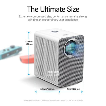 AUN ET50 Portable LED Mini Projector for Home Viewing compact white mini projector showing dimensions and lens