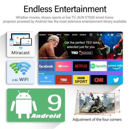 AUN ET50 Portable LED Mini Projector for Home Viewing compact projector streaming via WiFi Miracast HDMI Android 9 with 150-inch display support