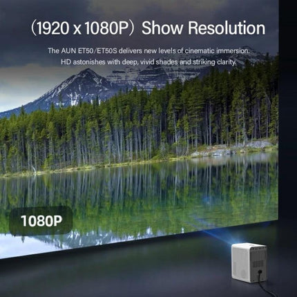 AUN ET50 Portable LED Mini Projector for Home Viewing projecting 1080P lake scene with automatic keystone correction and HDMI/wireless connectivity