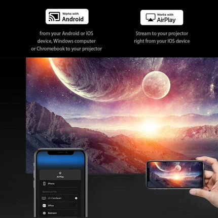 AUN ET50 Portable LED Mini Projector for Home Viewing streaming phone to large projected space with HDMI and wireless connectivity
