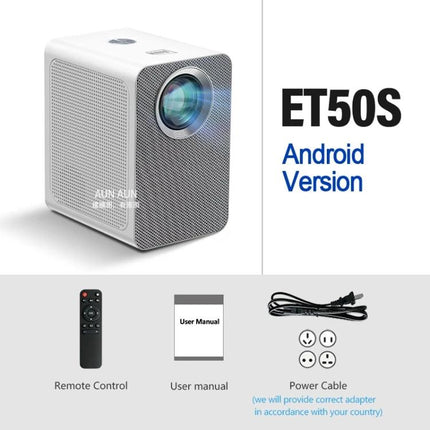 AUN ET50 Portable LED Mini Projector for Home Viewing showing compact white projector with remote, user manual and power cable