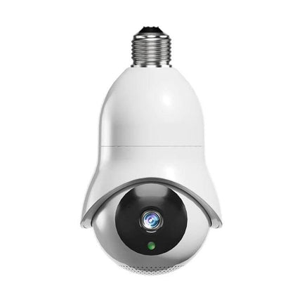 Wireless Light Bulb WiFi Surveillance Camera with Night Vision installed in E27 socket, white bulb camera showing front lens and night vision LED